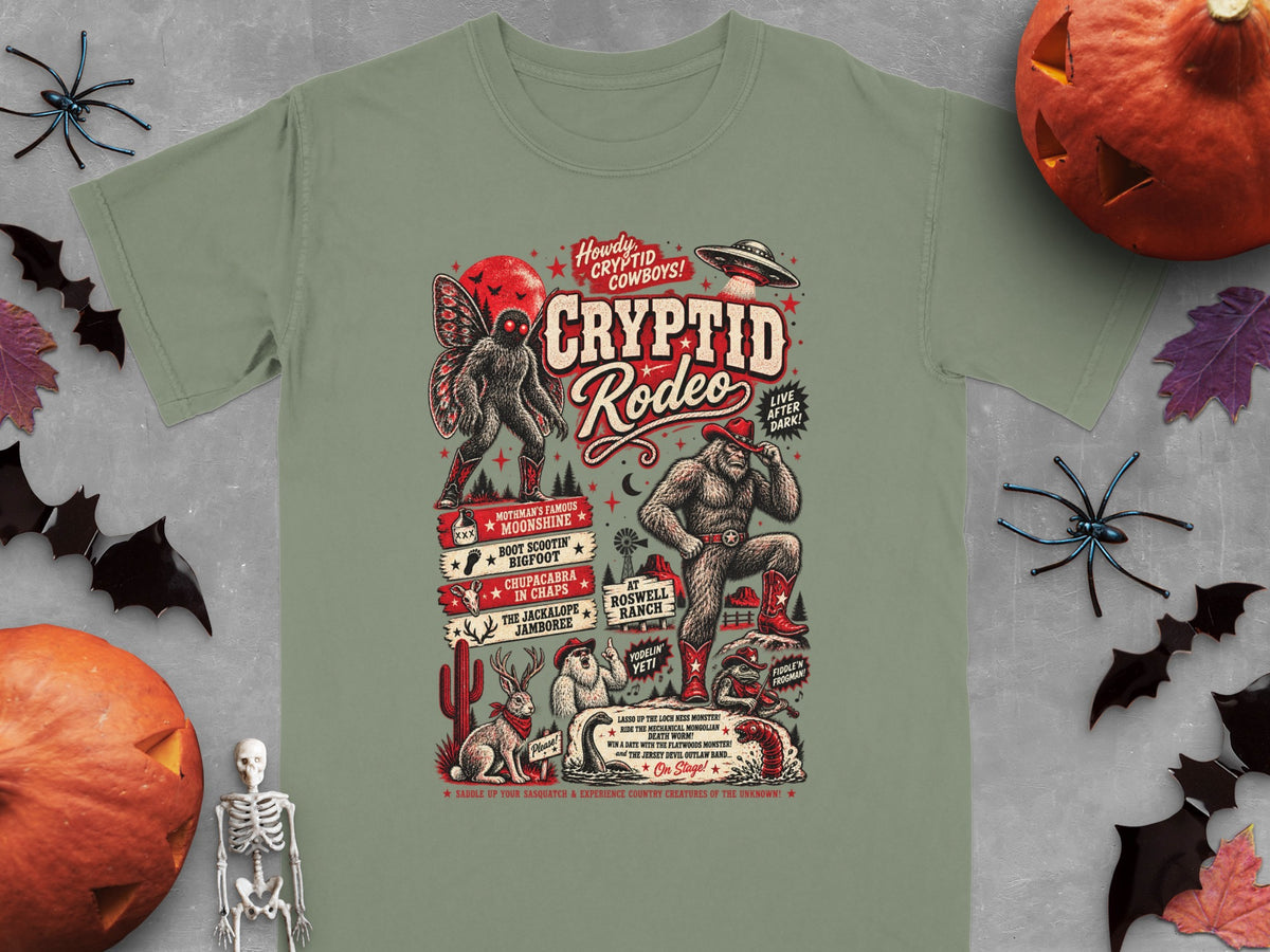 Cryptid Rodeo graphic on a t-shirt with Mothman, Bigfoot, Yeti, and other cryptids.