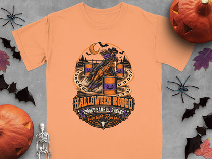 Halloween Rodeo spooky barrel racing turn tight run fast graphic on t-shirt.