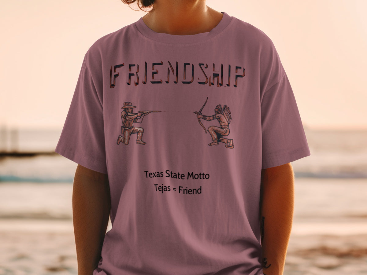 T-shirt with "Friendship" text, cowboy and Native American figures, and Texas motto.