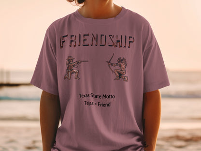 T-shirt with "Friendship" text, cowboy and Native American figures, and Texas motto.