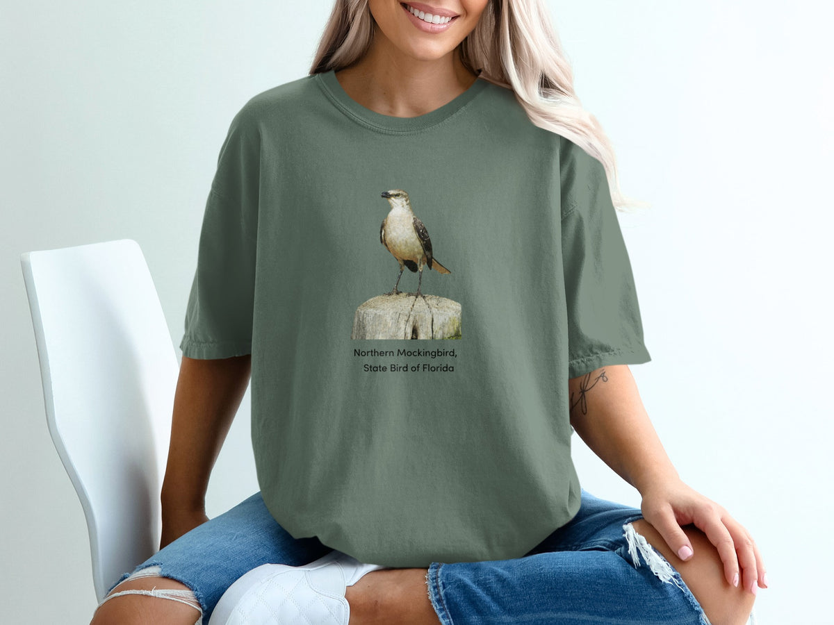 Northern Mockingbird, State Bird of Florida on green t-shirt.
