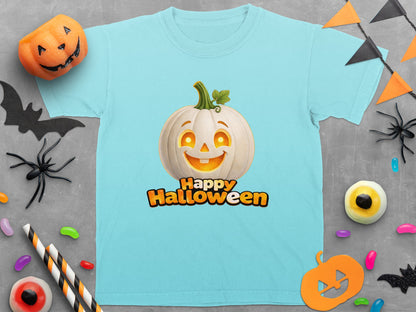 Light blue t-shirt with a white jack-o'-lantern and "Happy Halloween" text.