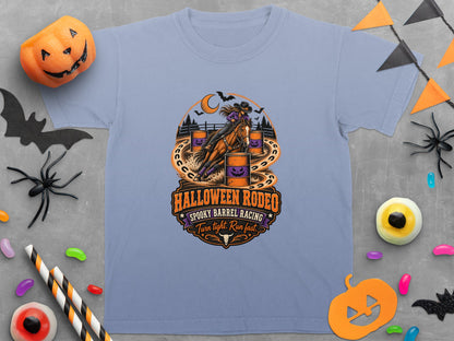 T-shirt graphic with Halloween Rodeo text and barrel racing horse and rider.