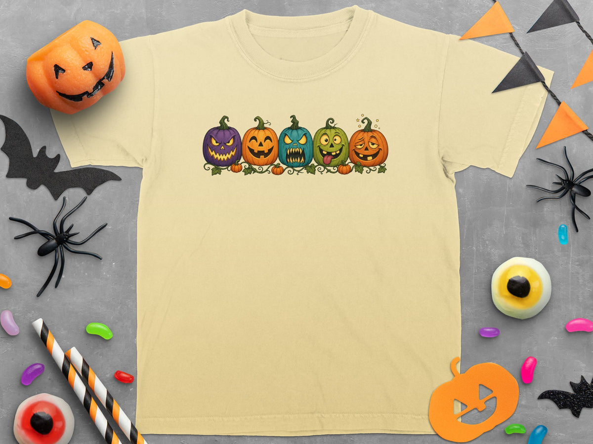 T-shirt with five cartoon pumpkins with different expressions, Halloween decorations.
