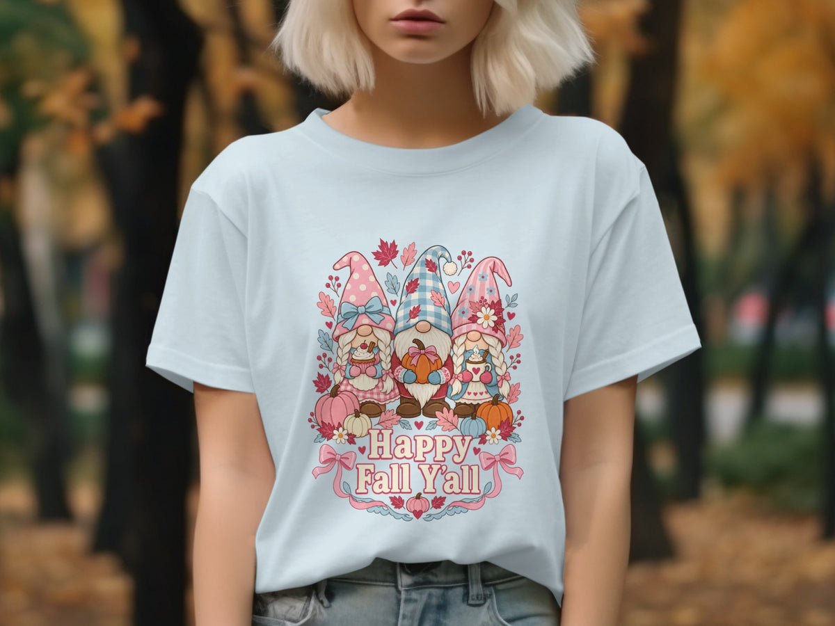 Three gnomes and "Happy Fall Y'all" text on a light blue t-shirt.