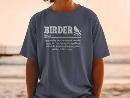 T-shirt with definition of "BIRDER" and a bird on a branch.