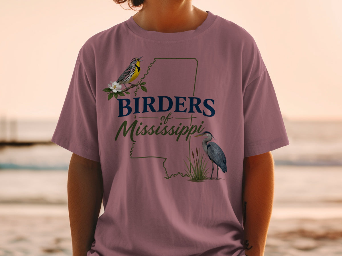 T-shirt with "Birders of Mississippi" text, a yellow bird, and a heron.