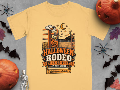 Yellow t-shirt with "Halloween Rodeo Trick-or-Treat at the Arena" design.