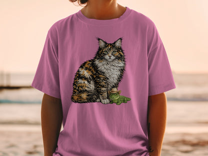 A person wears a pink t-shirt printed with a calico cat and a small alligator wearing a cowboy hat.