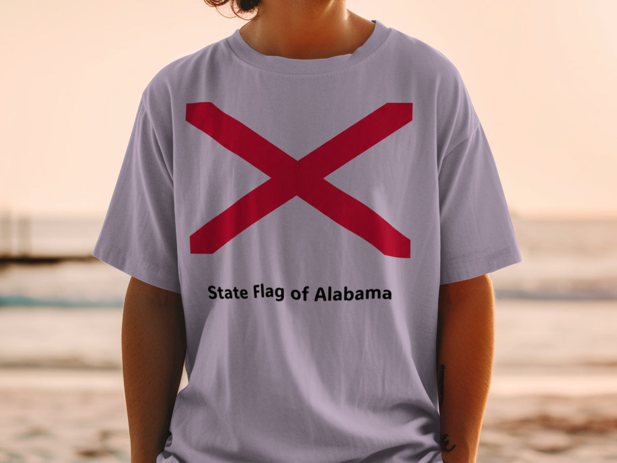 T-shirt with the State Flag of Alabama design and text.