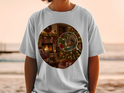 Magnified squirrel eating nuts by a Christmas tree and fireplace on a t-shirt.
