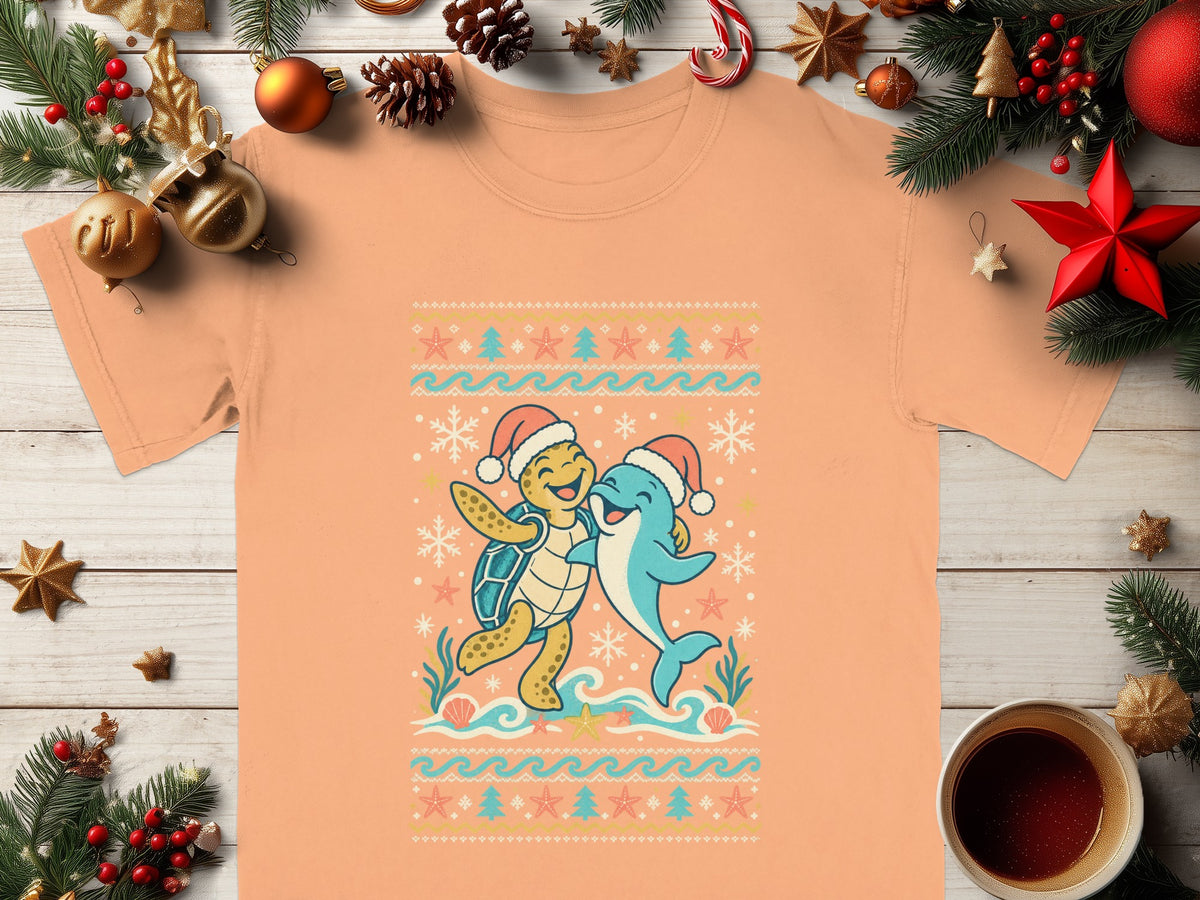 Peach t-shirt with cartoon turtle and dolphin wearing Santa hats.