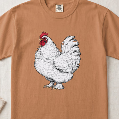 A warm-toned brown crew neck t-shirt featuring a detailed illustration of a white rooster on the chest.