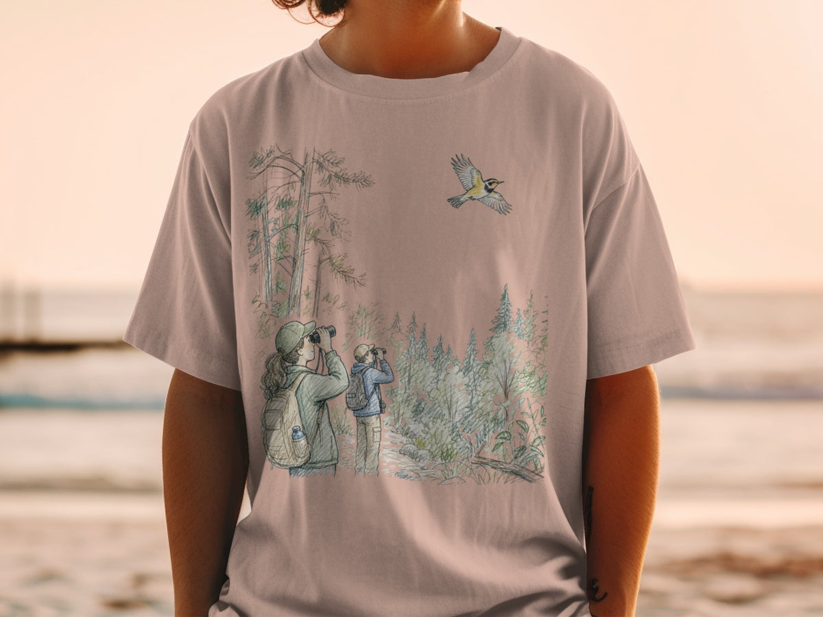 Illustration of two people birdwatching in a forest with a bird flying overhead.