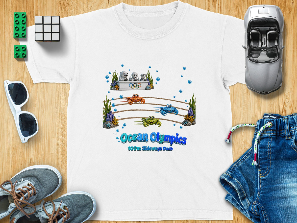 White t-shirt with "Ocean Olympics 100m Sideways Dash" text and cartoon crabs racing.
