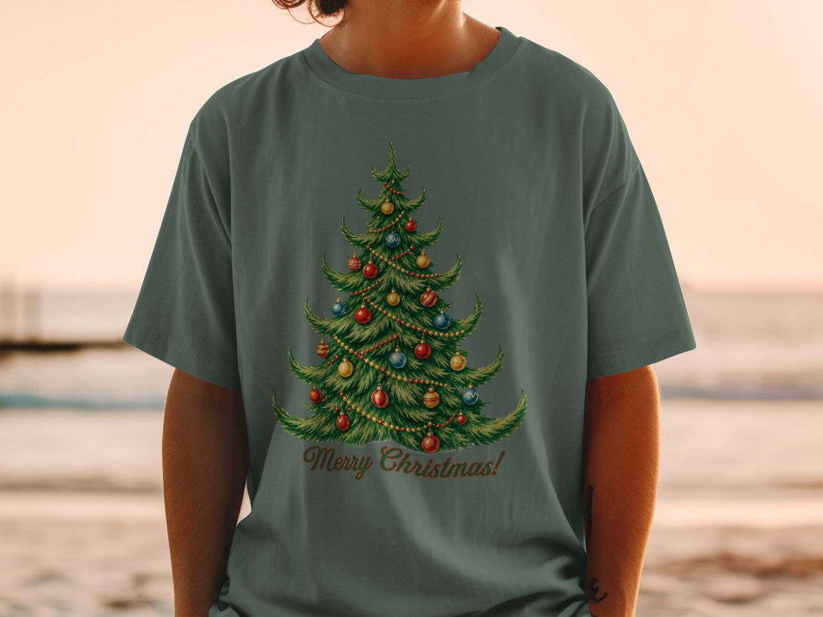 Green t-shirt with a decorated Christmas tree and "Merry Christmas!" text.