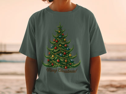 Green t-shirt with a decorated Christmas tree and "Merry Christmas!" text.