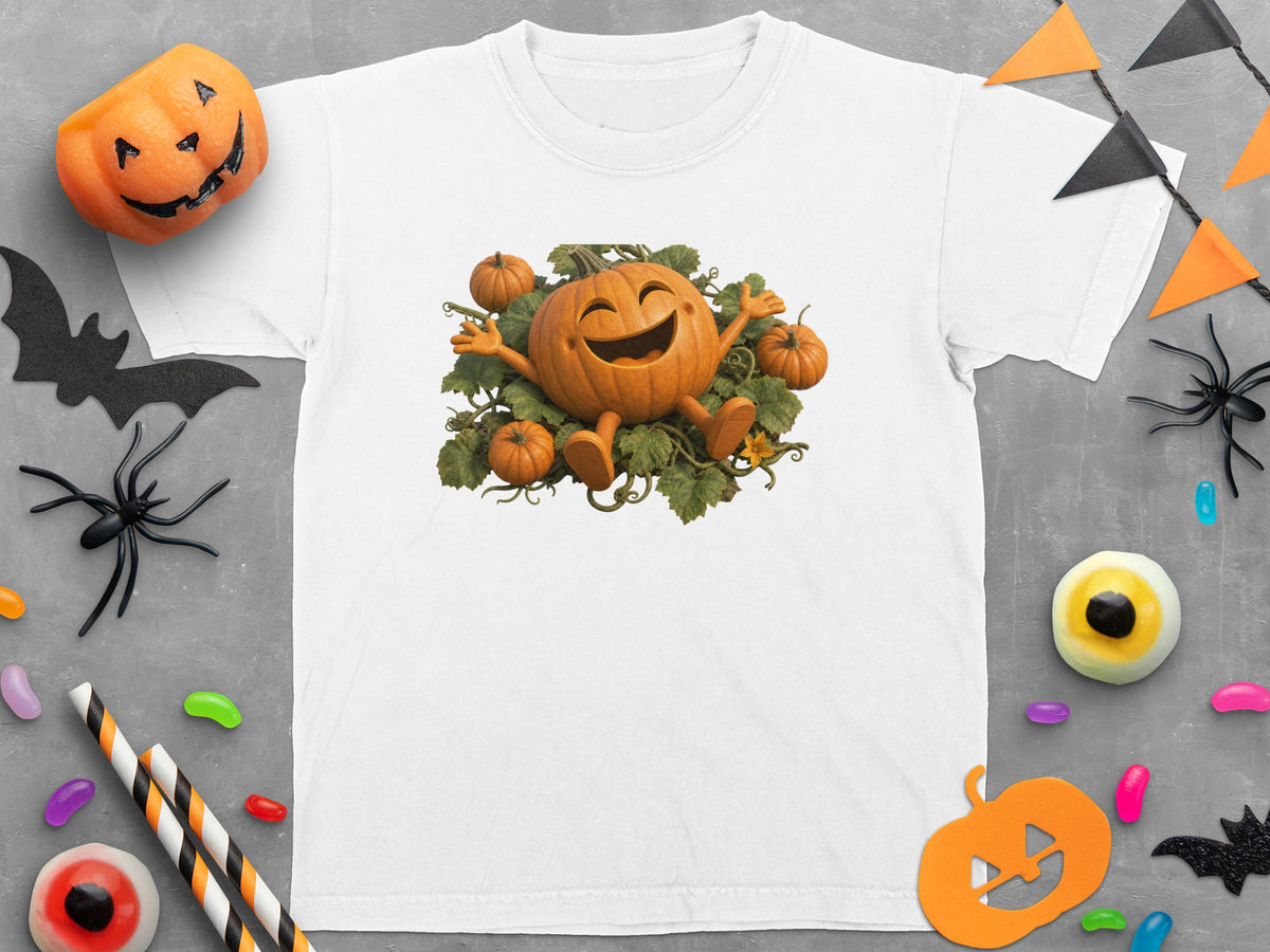 White t-shirt with a smiling cartoon pumpkin and smaller pumpkins on leaves.