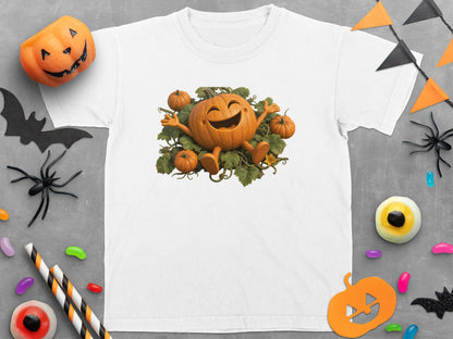 White t-shirt with a smiling cartoon pumpkin and smaller pumpkins on leaves.