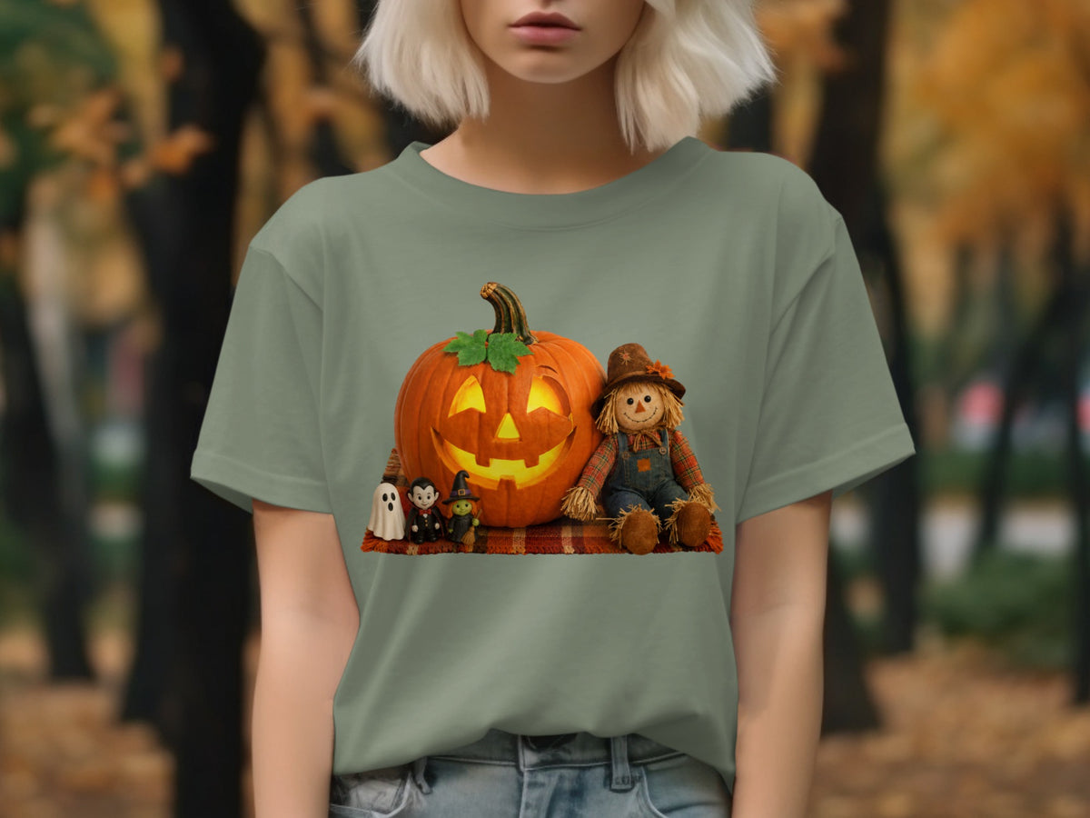 Halloween graphic with pumpkin, scarecrow, ghosts, and witch on a plaid blanket.
