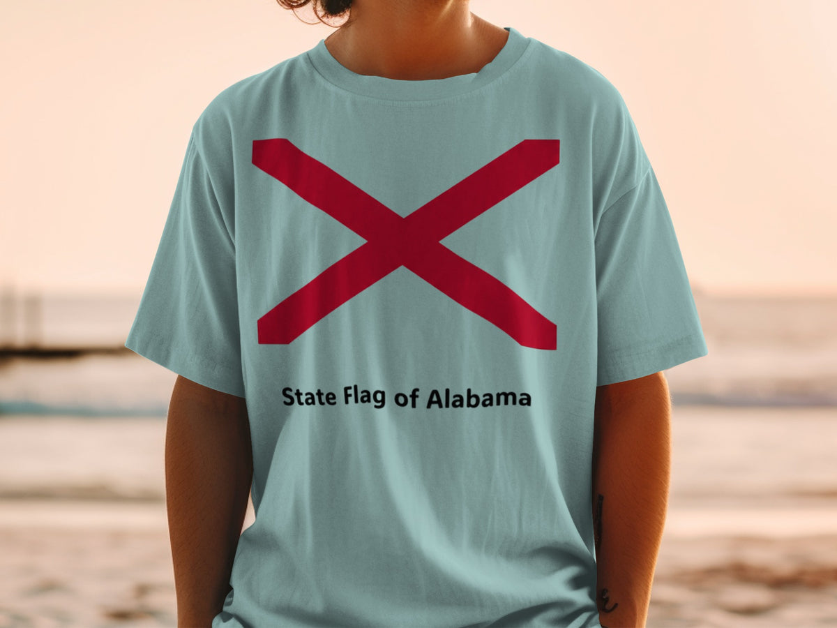 Light blue t-shirt with the Alabama state flag and text "State Flag of Alabama".
