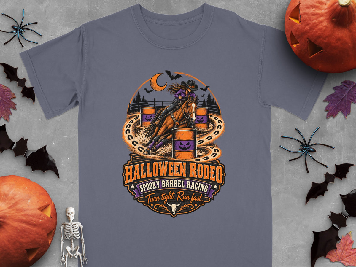 T-shirt graphic of a barrel racer with "Halloween Rodeo" and "Spooky Barrel Racing" text.
