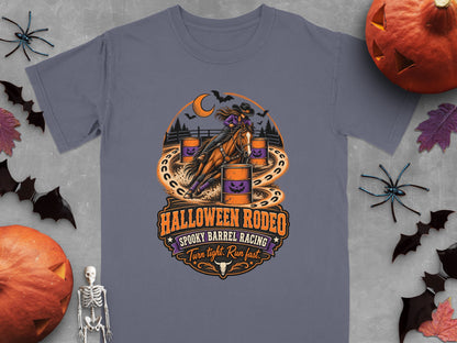 T-shirt graphic of a barrel racer with "Halloween Rodeo" and "Spooky Barrel Racing" text.