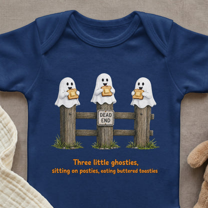 Navy blue bodysuit with cartoon ghosts sitting on fence posts, eating toast.