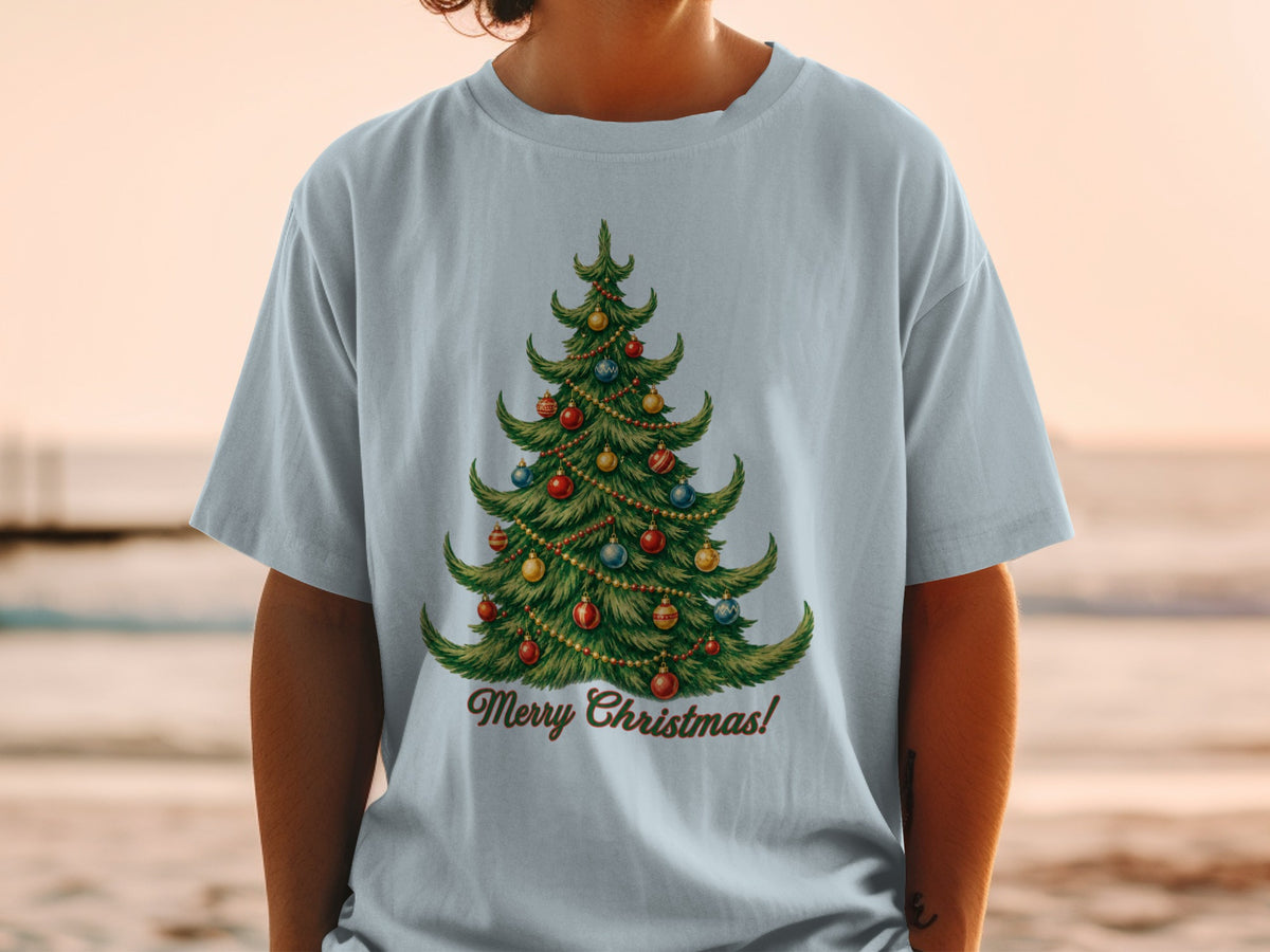 T-shirt with a Christmas tree illustration and "Merry Christmas!" text.
