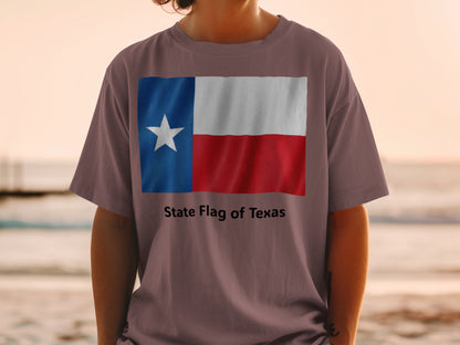 Texas flag graphic on a taupe t-shirt, text reads "State Flag of Texas".