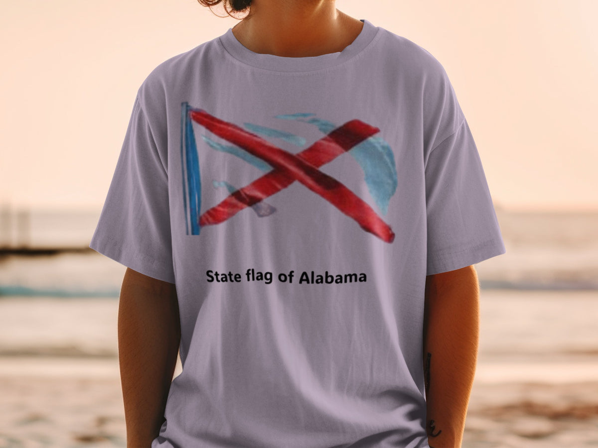 T-shirt with abstract red and blue design and "State flag of Alabama" text.