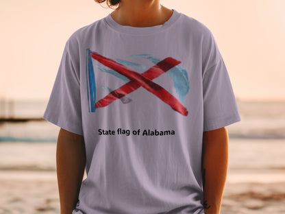 T-shirt with abstract red and blue design and "State flag of Alabama" text.