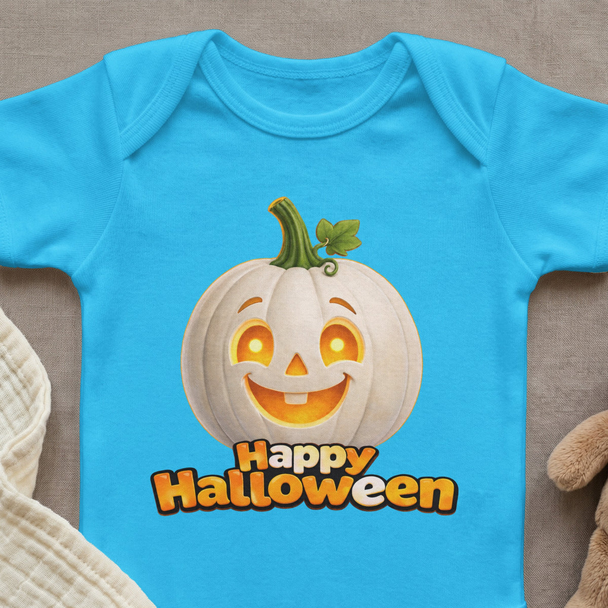 Blue baby onesie with a white jack-o'-lantern and "Happy Halloween" text.