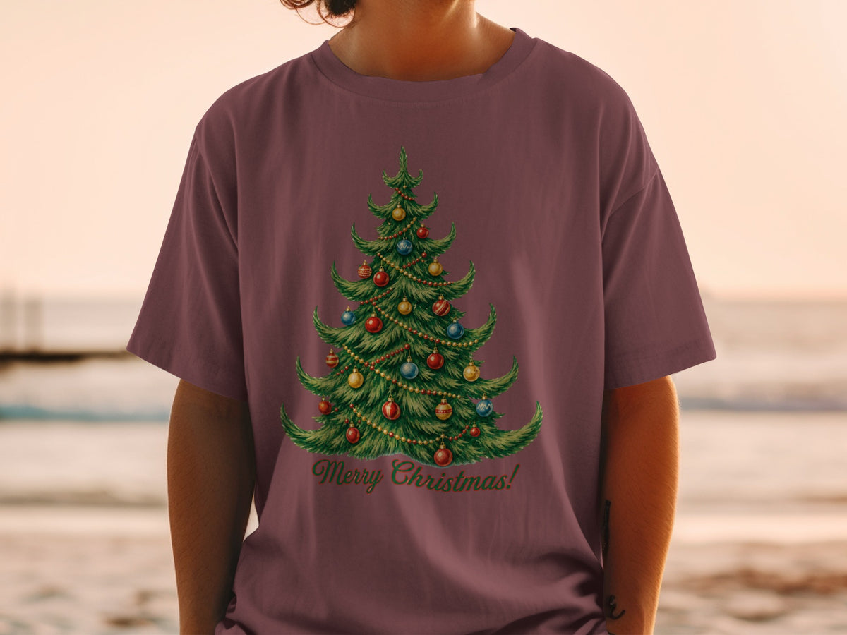 T-shirt with a decorated Christmas tree and "Merry Christmas!" text.