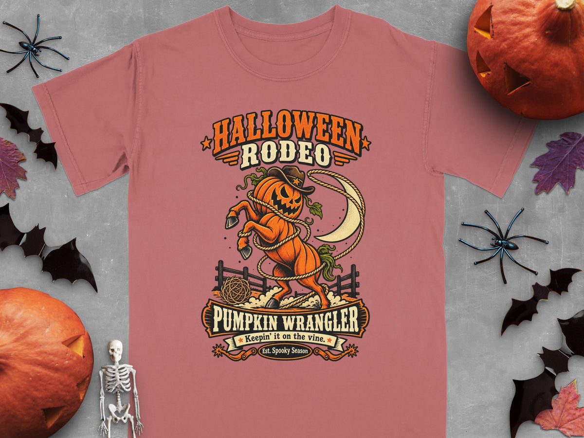 Halloween Rodeo t-shirt with pumpkin wrangler graphic and text.