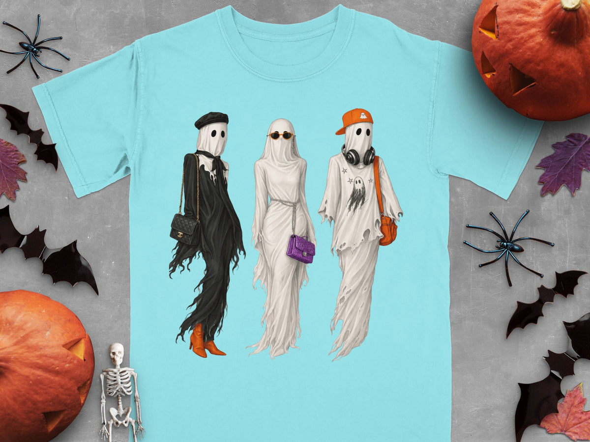 Three ghosts dressed in trendy Halloween outfits with purses, sunglasses, and hats.
