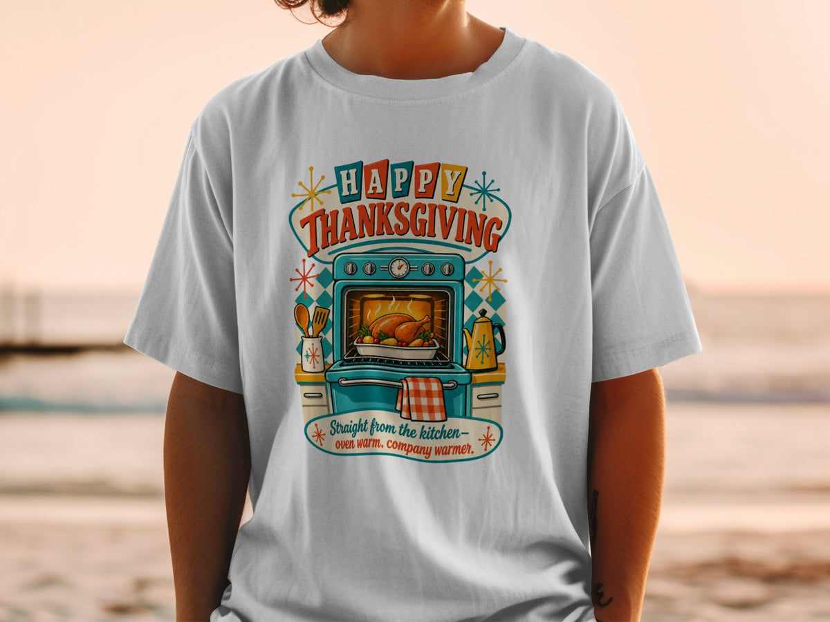Happy Thanksgiving graphic with roasted turkey in oven and kitchenware.