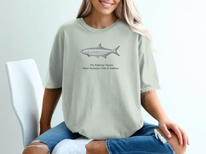 Light green t-shirt with a watercolor painting of the Fighting Tarpon, Alabama's state fish.