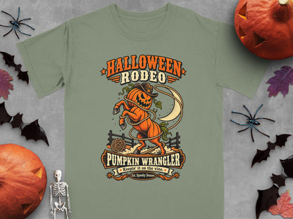 Halloween Rodeo Pumpkin Wrangler shirt with cowboy hat and lasso.