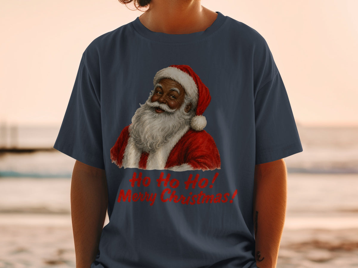 Dark blue t-shirt with Santa Claus graphic and text "Ho Ho Ho! Merry Christmas!".