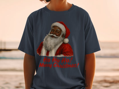 Dark blue t-shirt with Santa Claus graphic and text "Ho Ho Ho! Merry Christmas!".