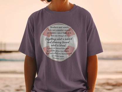 T-shirt with Philippians 3:13-14 scripture within a life preserver design.