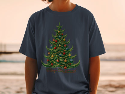 Dark blue t-shirt with vintage Christmas tree graphic and "Merry Christmas!" text.