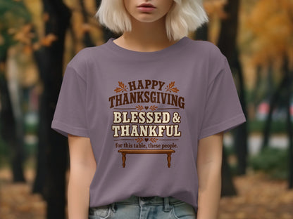 Purple t-shirt with text "Happy Thanksgiving Blessed & Thankful".
