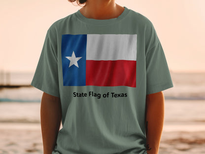 Green t-shirt with the State Flag of Texas and text below.