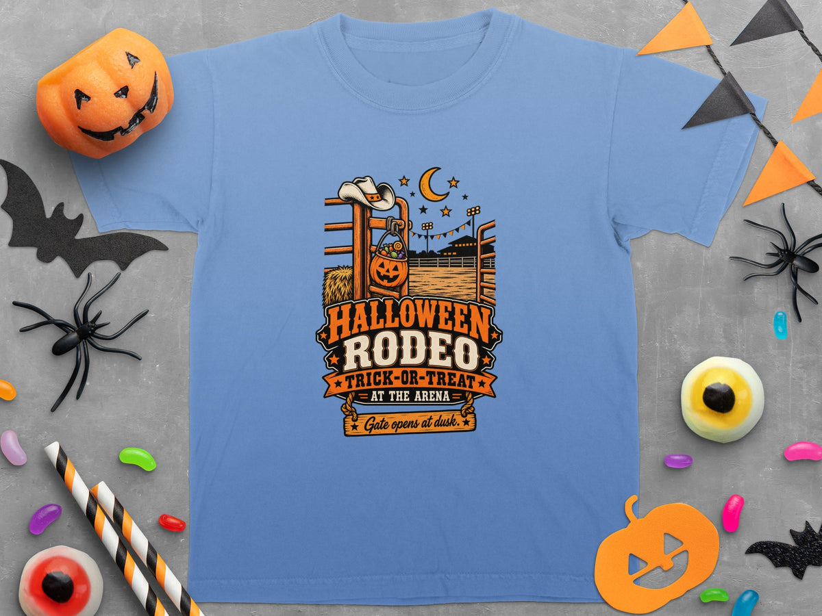 T-shirt with "Halloween Rodeo Trick-or-Treat" graphic, featuring a cowboy hat and pumpkin.