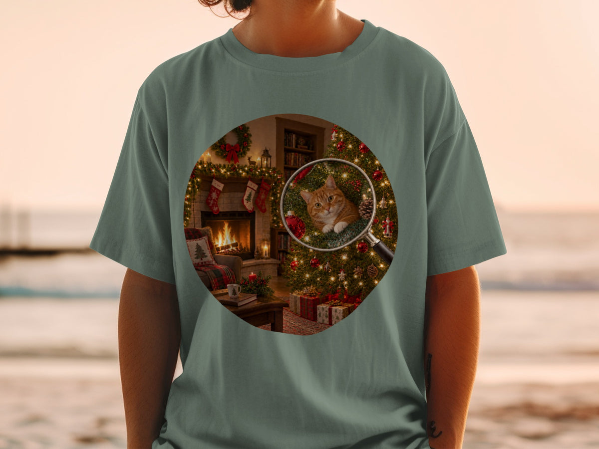 Orange cat peeking through Christmas tree branches viewed through a magnifying glass.