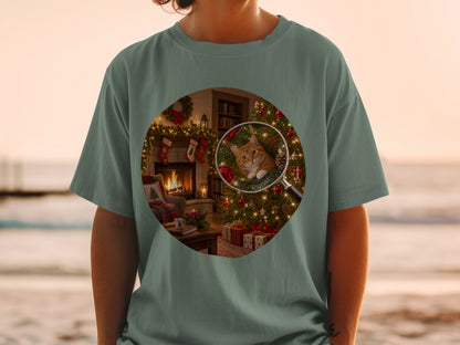 Orange cat peeking through Christmas tree branches viewed through a magnifying glass.