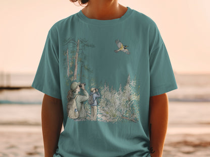 Two people with binoculars explore a forest while a bird flies overhead.