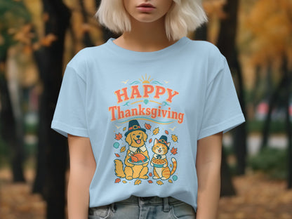 Light blue t-shirt with "Happy Thanksgiving" and dog holding turkey, cat holding pie.